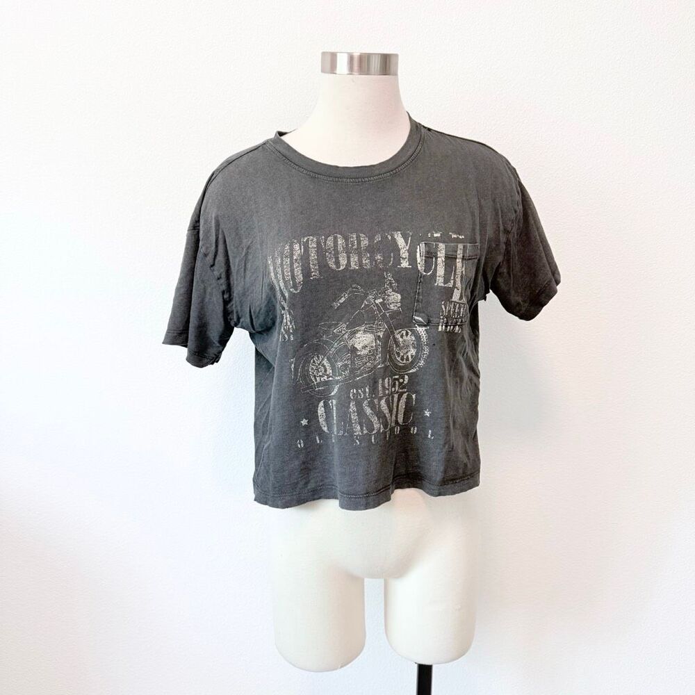 Urban Nation Motorcycle Cut Up Distressed Graphic Baby Tee Shirt Small Crop